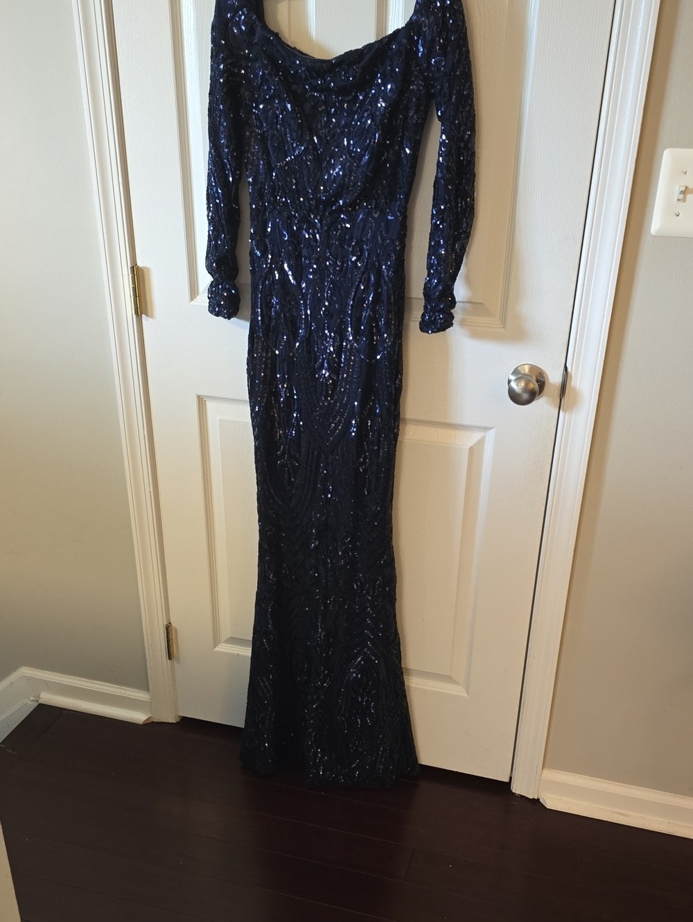 Windsor Navy Sequined Long Sleeve Evening Gown